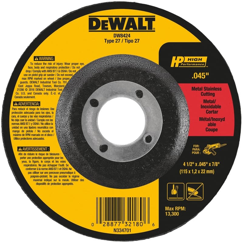 DeWalt Metal Cutting Wheel, Type 27 4-1/2in x .045in x 7/8in