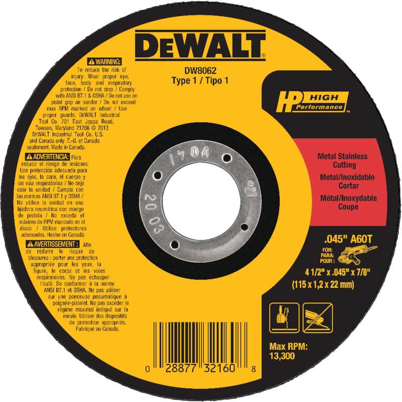 DeWalt Metal Cutting Wheel, Type 1, 4.5in x .045in x 7/8in