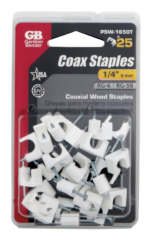 Coaxial Cable Staples, 1/4in, White, 25-Card