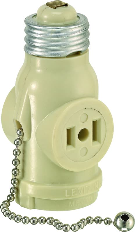 Leviton Pull Chain Lampholder with 2 Outlets, Ivory