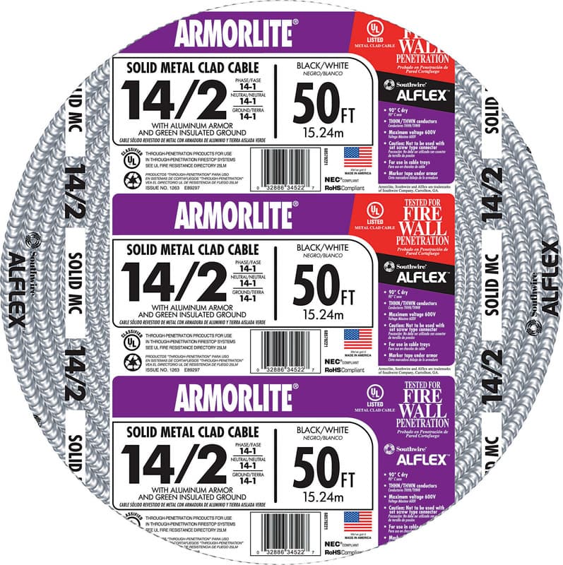 Southwire MC Cable, 14/2, Aluminum, 50ft