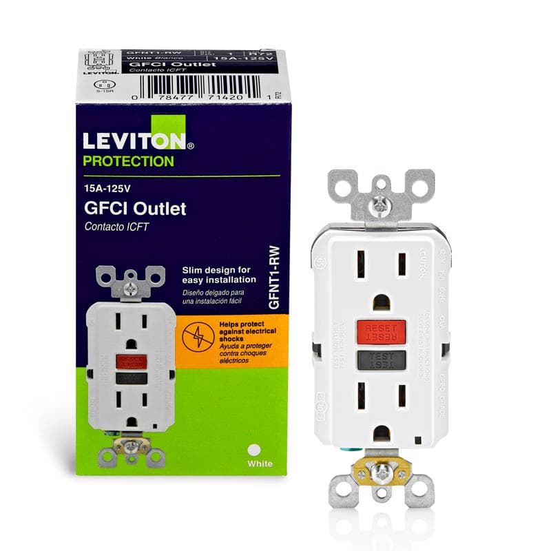 Leviton GFCI Receptacle, 15A, White, Red & Black Buttons