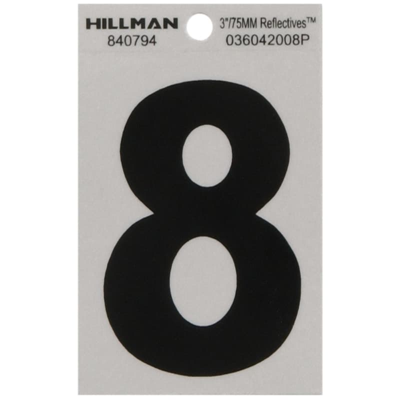 Hy-Ko 3in Adhesive Number 8, Black/Silver